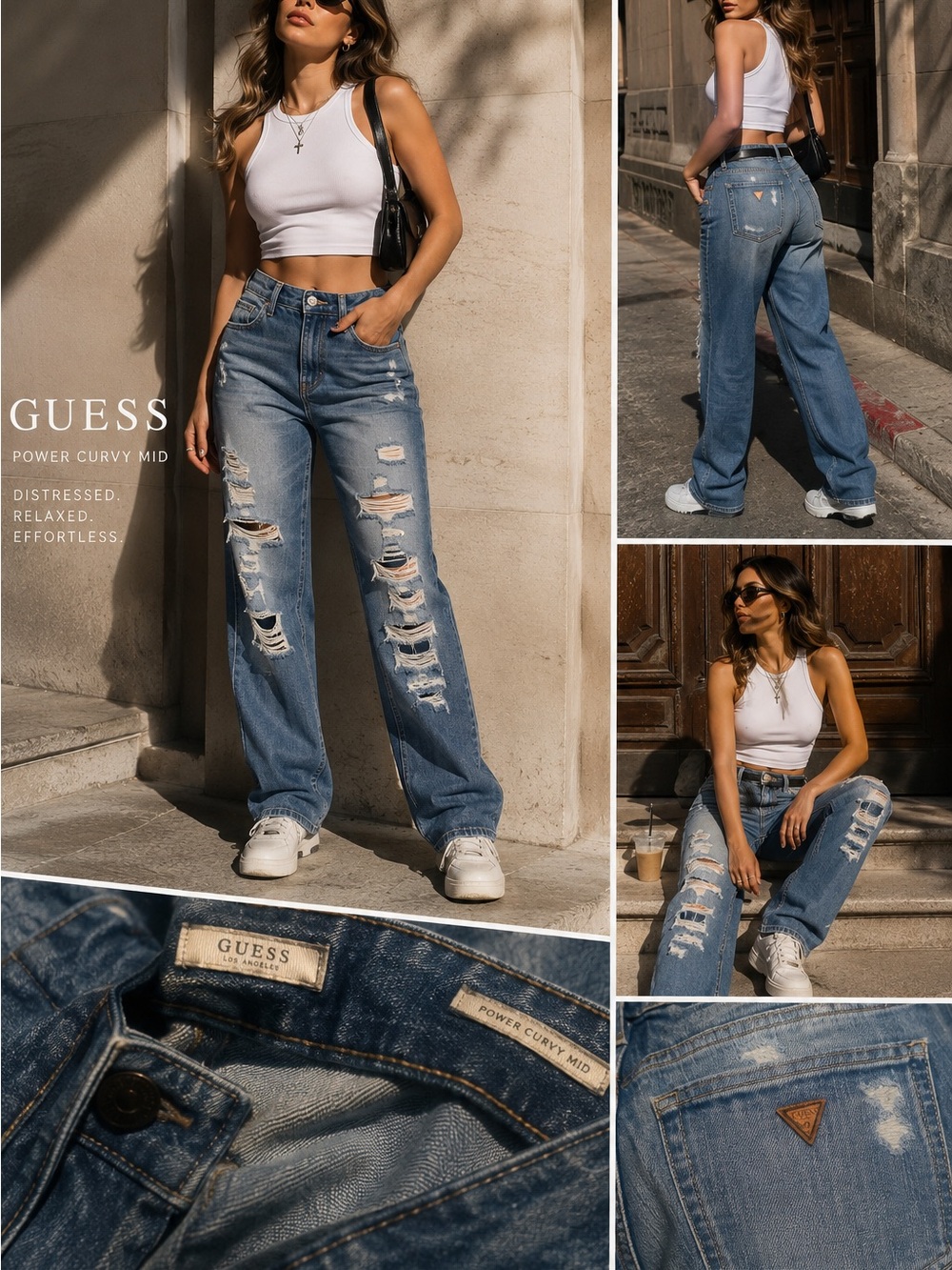 GUESS Power Curvy Mid Distressed Jeans Size 31 Medium Wash